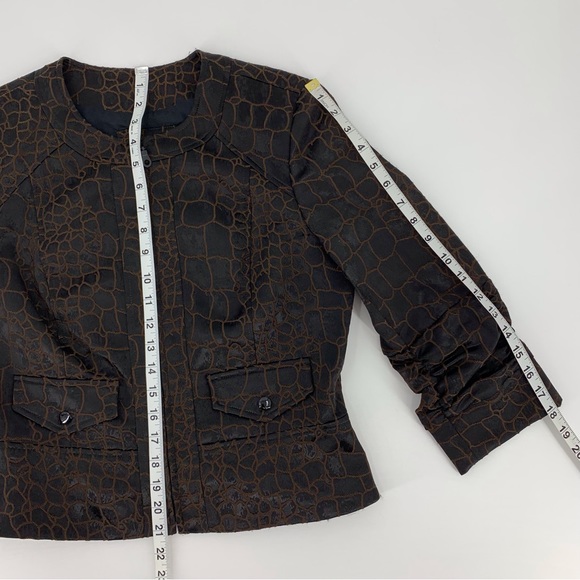 anthracite Brown Scale Print Zipper Closure 3/4 Ruched Sleeve Blazer, 10 - Picture 15 of 16